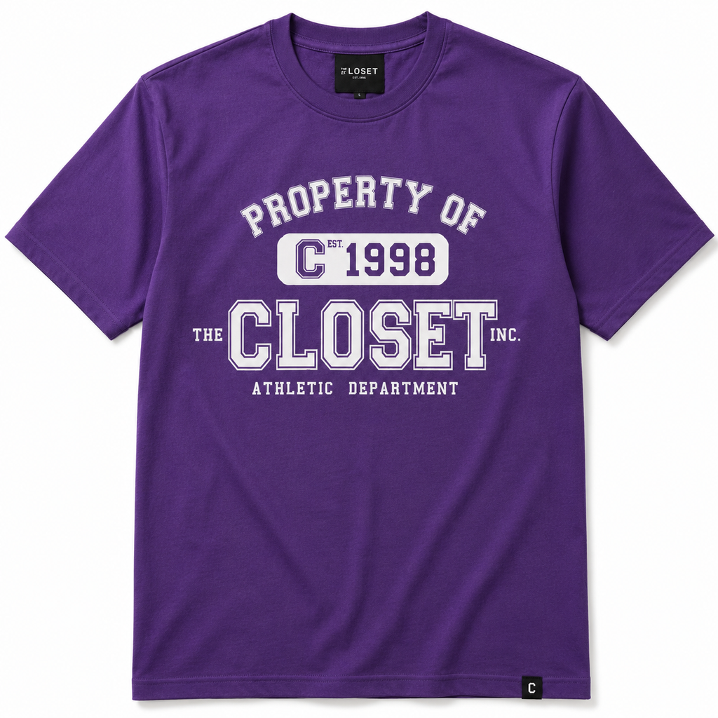 Womens The Closet Inc. T-Shirt - Orchid "PROPERTY OF" -White